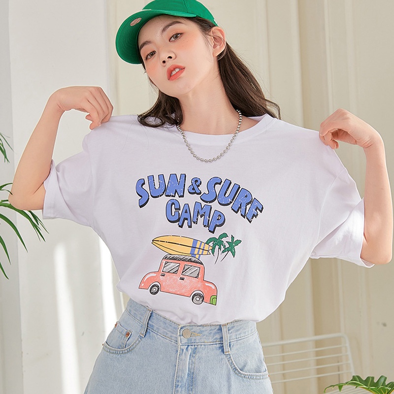 #Sisjuly# Putih dengan Pola Cetak Kapas Lengan Pendek TrenTT-shirt Wanita Pakaian2022Musim Panas Baru Gaya Kor