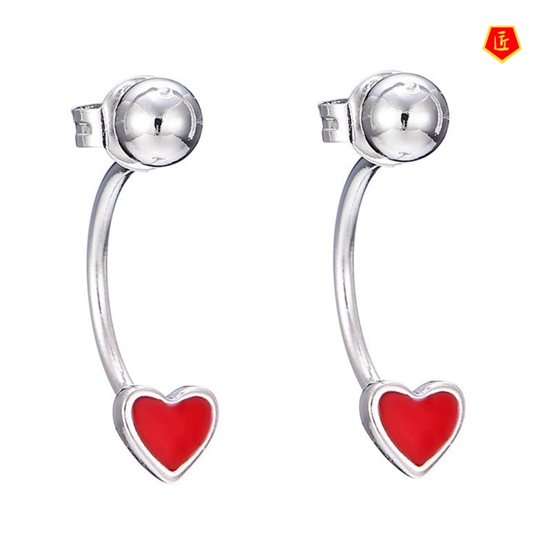 [Ready Stock]Mini Red Heart-Shaped Back-Mounted Stud Earrings Simple