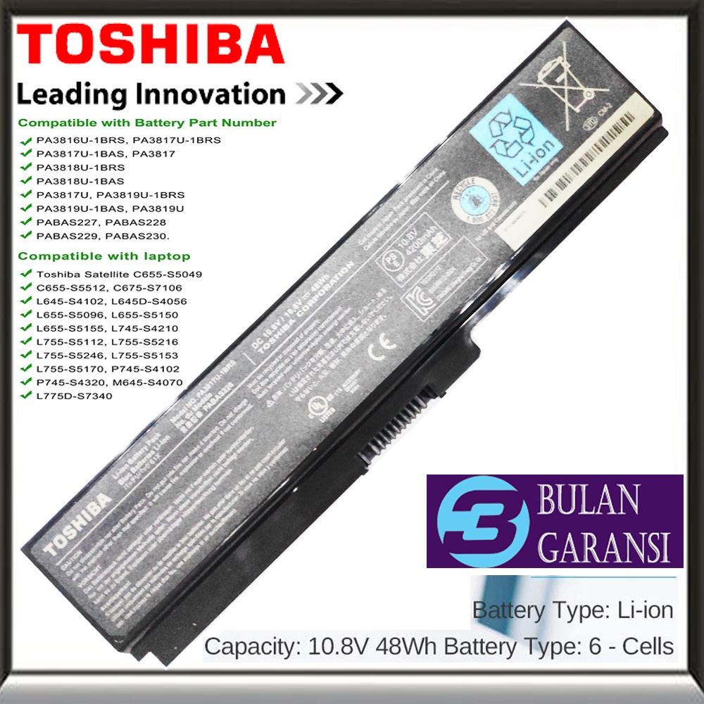 Baterai Battery Original Laptop Toshiba Satellite  L600 L635 L640 L645 L700 L730 L735 L740 L745 C600 C640 C645 C650 PA3817