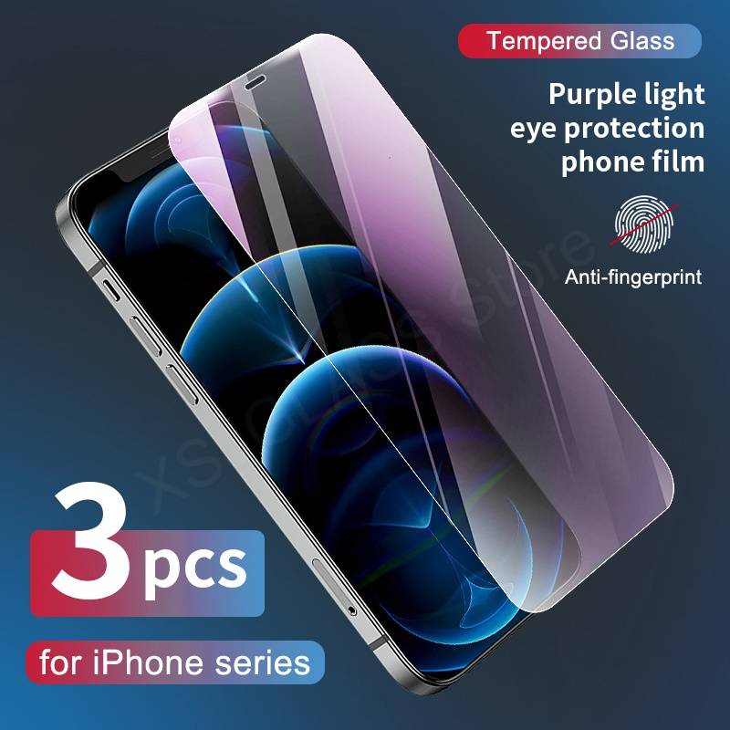 3pcs Anti Blue Ray Light 9H Tempered Glass For iPhone 11 12 Pro Max 6 S 7 8 Plus X XR X S Max  Screen Protector Eyes Care Glass