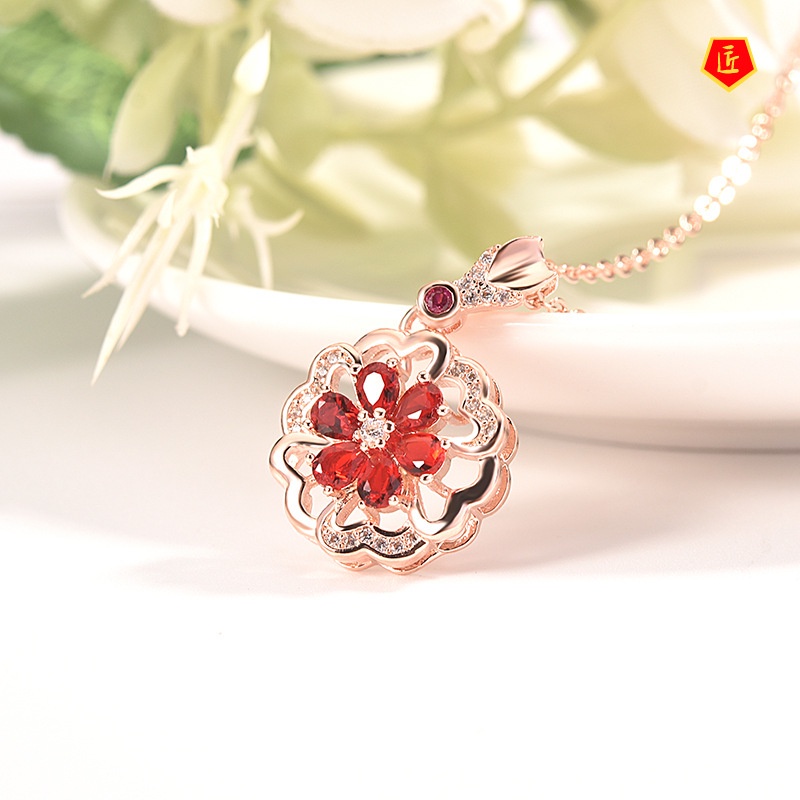 [Ready Stock]European and American New Inlaid Ruby Flower Pendant Graceful and Fashionable