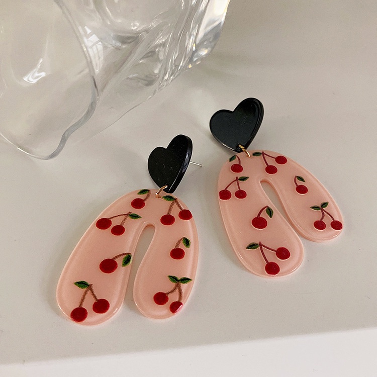 Anting Bentuk Hati Cherry Bahan Akrilik Gaya Retro Korea