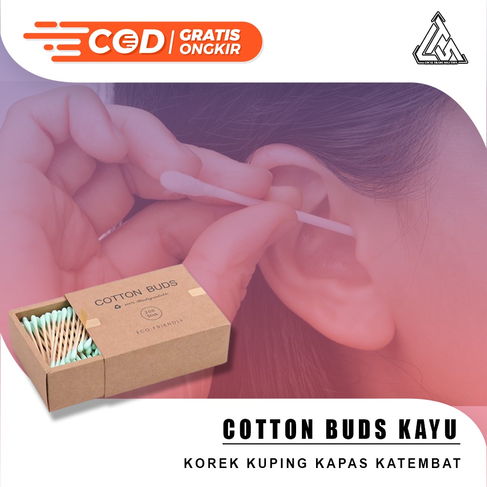 Cotton Bud Korek Kuping 200 PCS Katembat Pembersih Telinga Kayu Ear Pick Spiral Cutton Bud Kapas Warna Warni