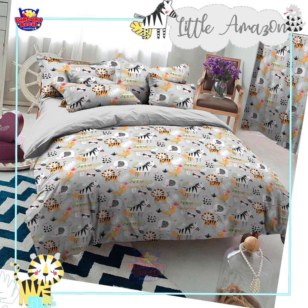 Sprei Seprei Custom Katun Adem Merk STAR Motif Anak Little amazone Singa Jerapah Abu-Abu