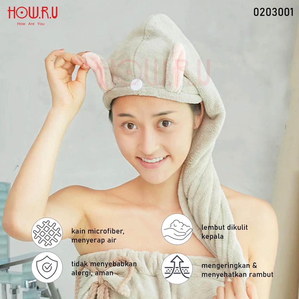 HOW.R.U | Handuk Keramas Microfiber Lucu Cepat Kering / Head Towel Model Kuping Bunny