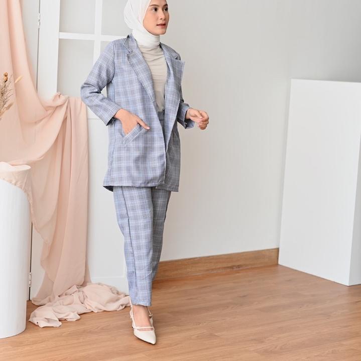 [NQK] Roxy Premium Set Blazer Pants Kotak / Outer Blazer Linen Blazer Kotak Casual / Blazer Korea / 