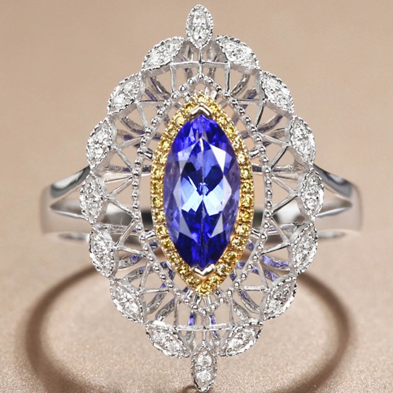 Cincin Jari Cubic Zirconia Warna Biru Marquise Gaya Retro Vintage Untuk Wanita