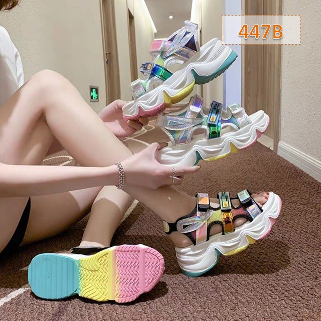 Sandal Wanita Wedges Tali Rainbow Fula Milenial Fahion Kasual Korea (447)