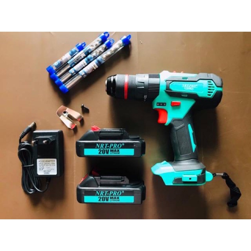 MESIN BOR TANGAN BATERAI/BOR CORDLESS/CORDLESS IMPACT DRILL NRT-PRO DC 343 SET(koper,4mta bor beton)