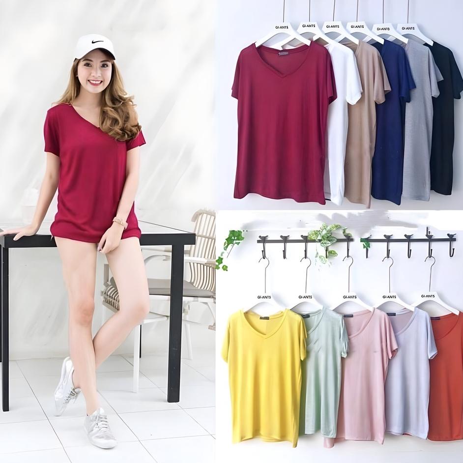Kaos Polos Wanita Dewasa Lengan Pendek Polos Kerah V Neck Basic Oblong Bahan Cotton Rayon Premium Di