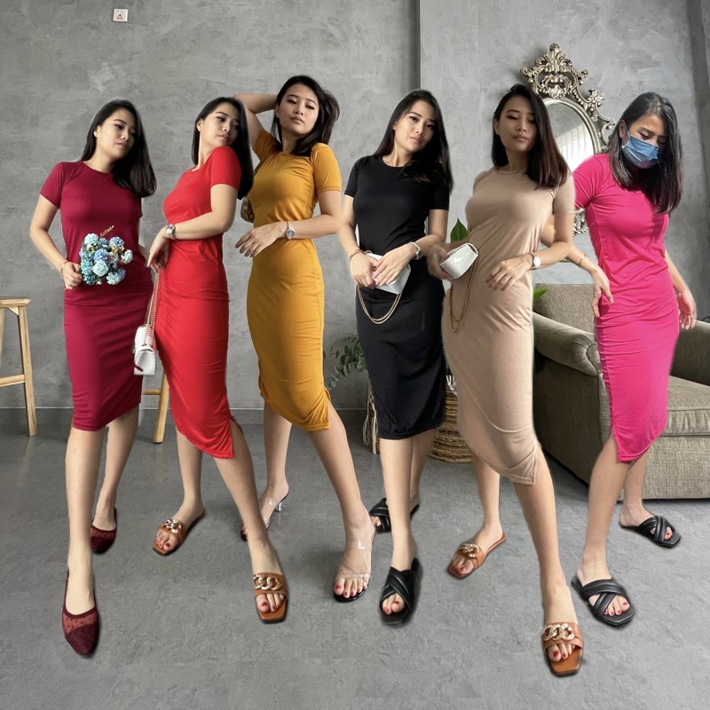 Vanesha Margaretta - Basic midi dress bodycon polos bahan kaos