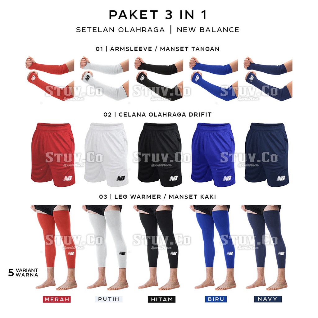 PAKET STELAN OLAHRAGA ARM SLEEVE LEG WARMER DAN CELANA PENDEK DRI FIT UNISEX 5 VARIANT WARNA