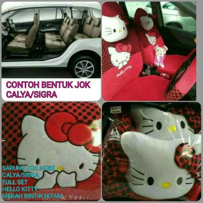 Sarung Jok Mobil CALYA/SIGRA Full Set Motif HELLO KITTY Merah Hitam