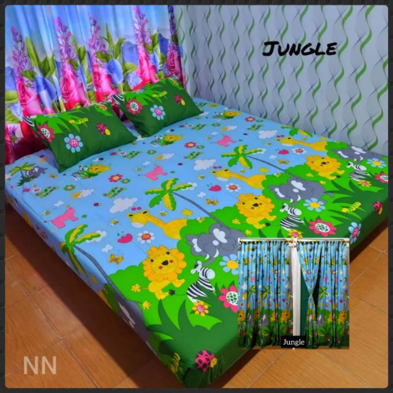 Paket Set sprei+Gorden Motif Anak Junggle Monkey / Junggle Friends