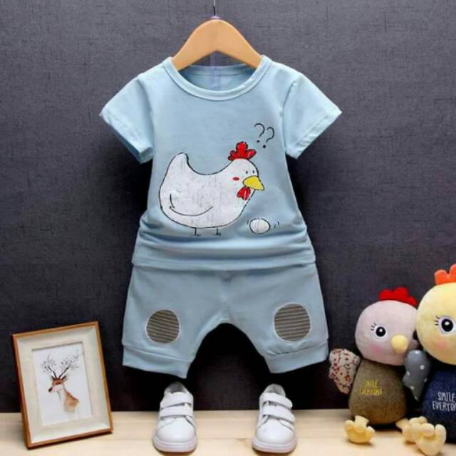 Setelan Anak Cowok Kekinian Chicken &amp; Egg Clothes Set 2in1 (baju, celana)