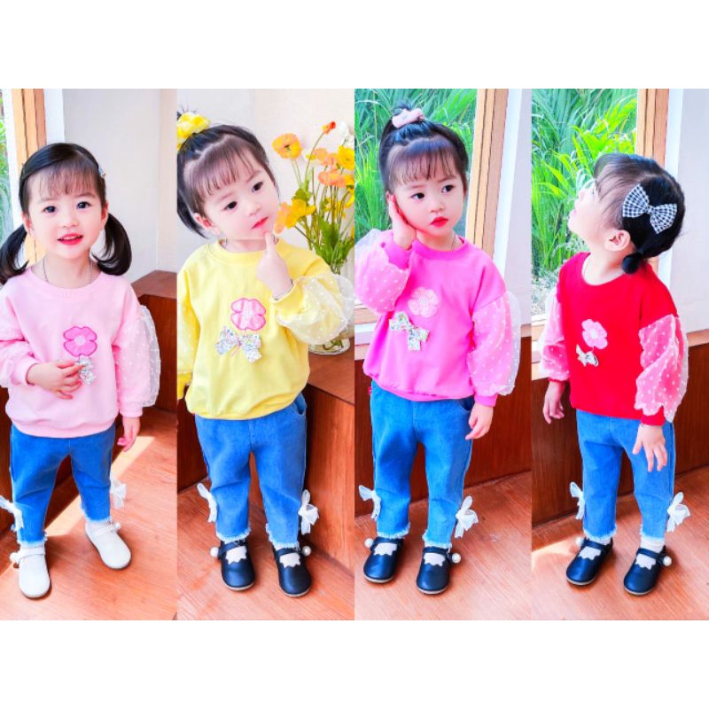 SETELAN CELANA JEANS ANAK PEREMPUAN IMPORT 1-5 TAHUN LENGAN PANJANG / SETELAN ANAK CEWEK IMPORT CELANA JEANS CUTBRAY MUTIARA + SWEATER LOVE BUNGA PITA