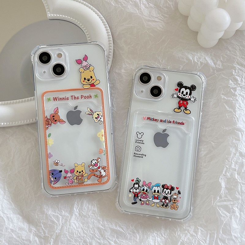 Soft Case Transparan Desain Winnie the Pooh Mickey Card Sleeve Untuk iPhone 12 13 Pro MAX 11 X XR XS MAX