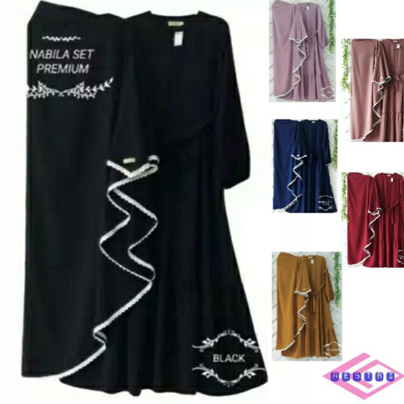 AESTRI Gamis Nabila set syar'i/ stelan gamis Khimar/ gamis polos remaja mustard hitam abu hijau pink