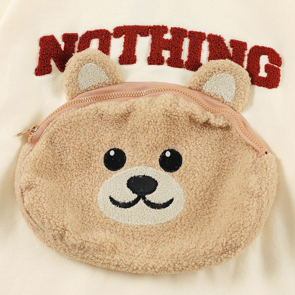 [littlecrab] Sweater Oversize Bear Nothing Pouch Unik Beresleting Sweater Beruang Lucu Berkantong Huruf Bulu Bahan Berkualitas Korean Style