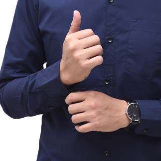 Kemeja Formal Pria Polos Lengan Panjang Bahan Katun - Biru Dongker