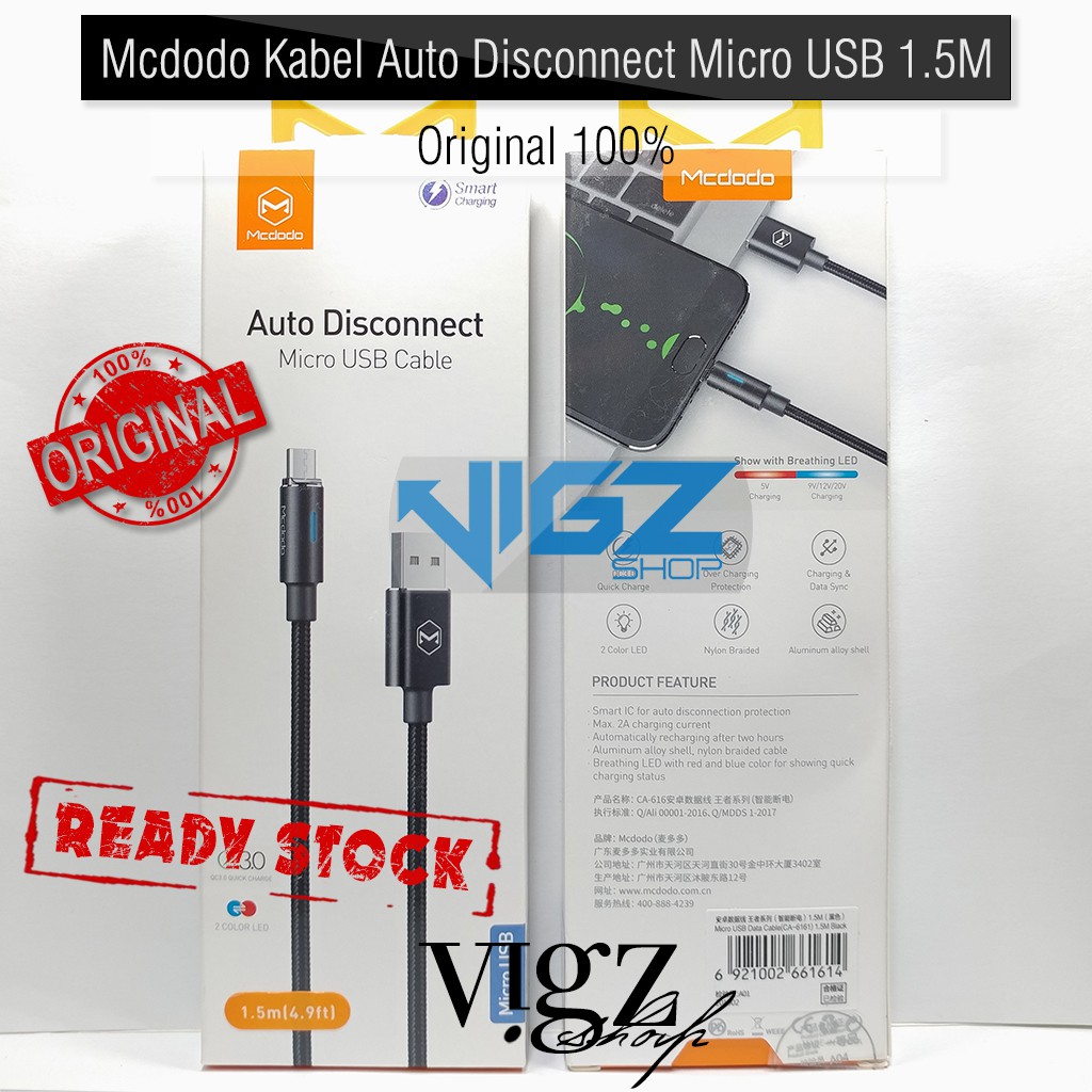 Mcdodo Kabel Auto Disconnect Micro USB 2A 1.5M QC 3.0 Original