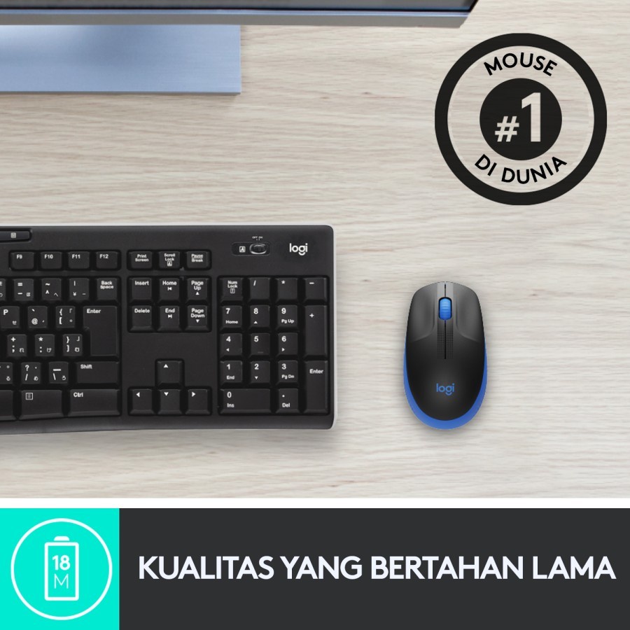 Logitech M190 BLUE Mouse Wireless Full Size untuk Windows, Mac, Chrome OS &amp; Linux BIRU