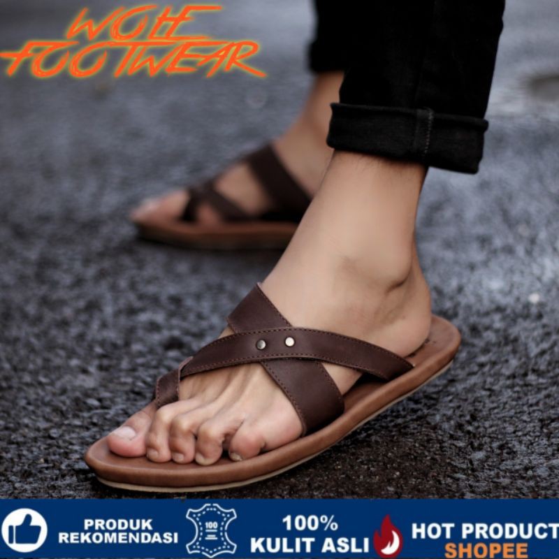 WIROS BROWN Sandal pria kulit asli cevany original handmade sandal jepit kulit pria bisa COD