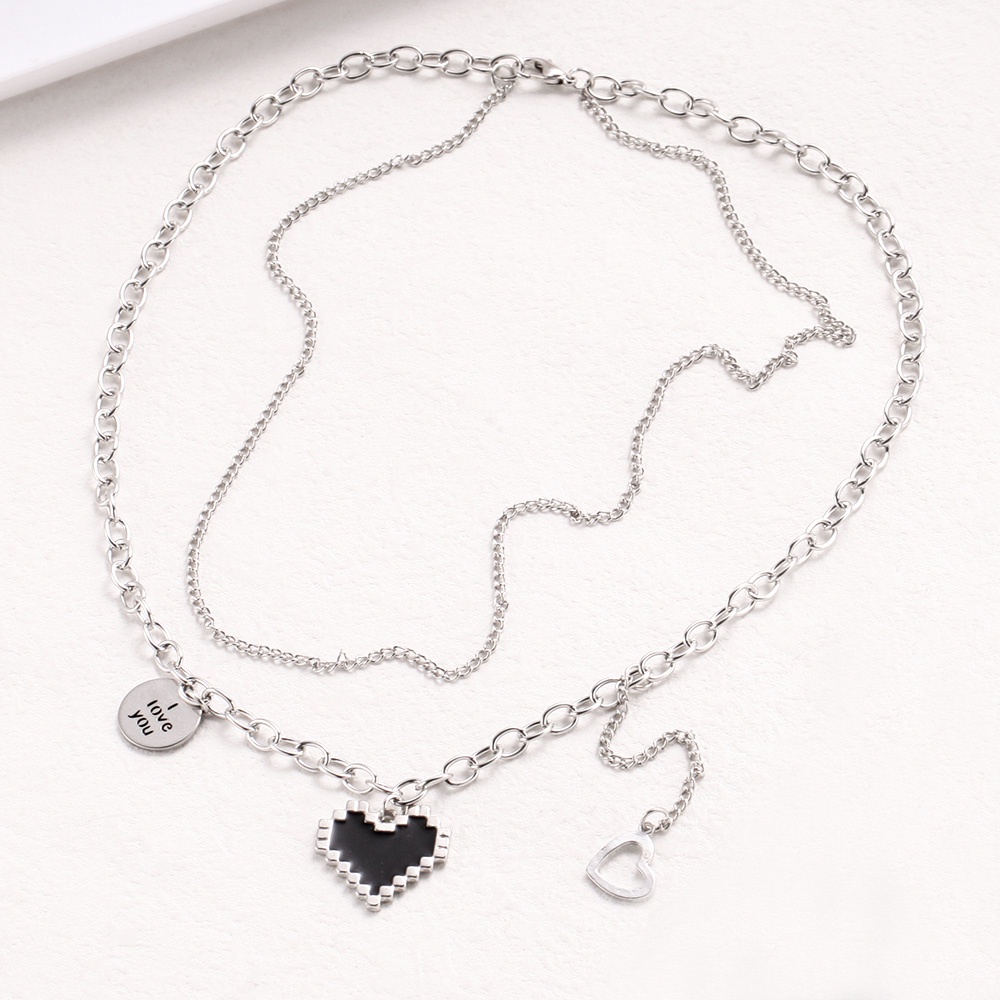Kalung Rantai Klavikula Liontin Hati Mosaik Lapisan Ganda Bahan Stainless Steel Gaya Korea Untuk Wanita