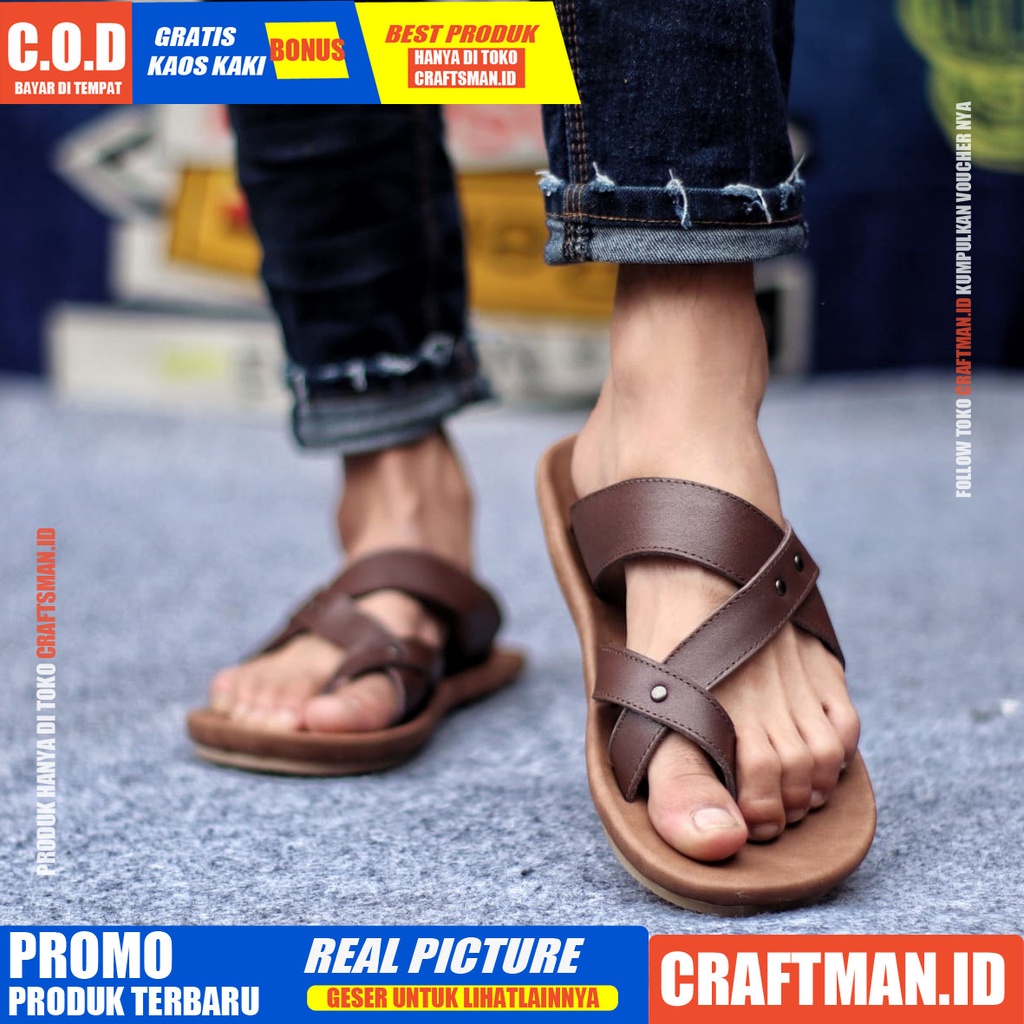 CRAFTS WIROS SANDAL KULIT PRIA BLACK BROWN SENDAL CASUAL JEPIT PRIA