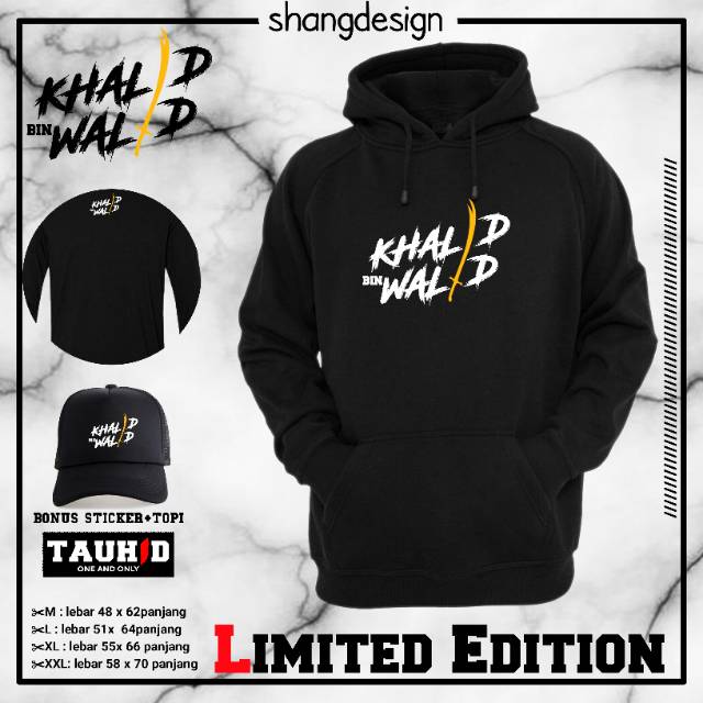 Hoodie dakwah Khalid bin Walid 100%BONUS TOPI&STICER cotton fleece tebal TERBARU