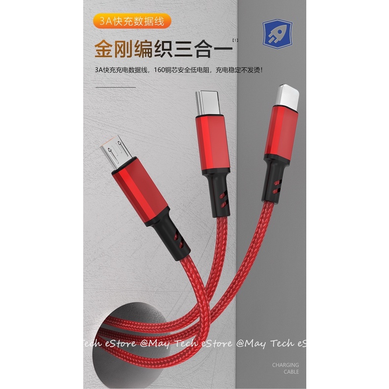 Kabel 3 in 1 Untuk iPhone / Android Fast Charger iOS + Micro USB + Type C