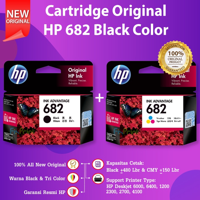 Cartridge Original HP 682 Black / Color Tinta 4176 6075 2335 2336 2337 2775 2776 3YM77AA 3YM76AA