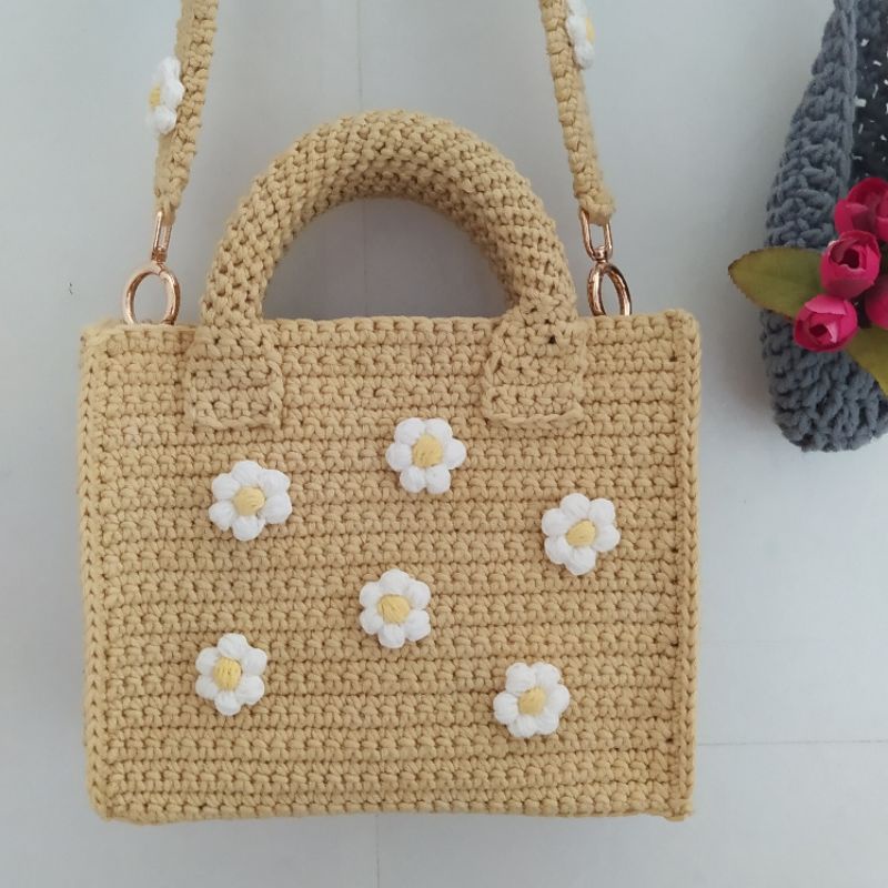 Handmade Crochet Bag With Daisy Flowers