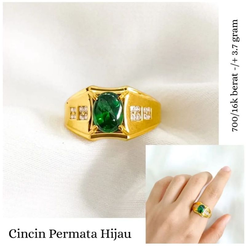 Cincin Pria Permata Hijau Koleksi Josean Elegant Emas Asli