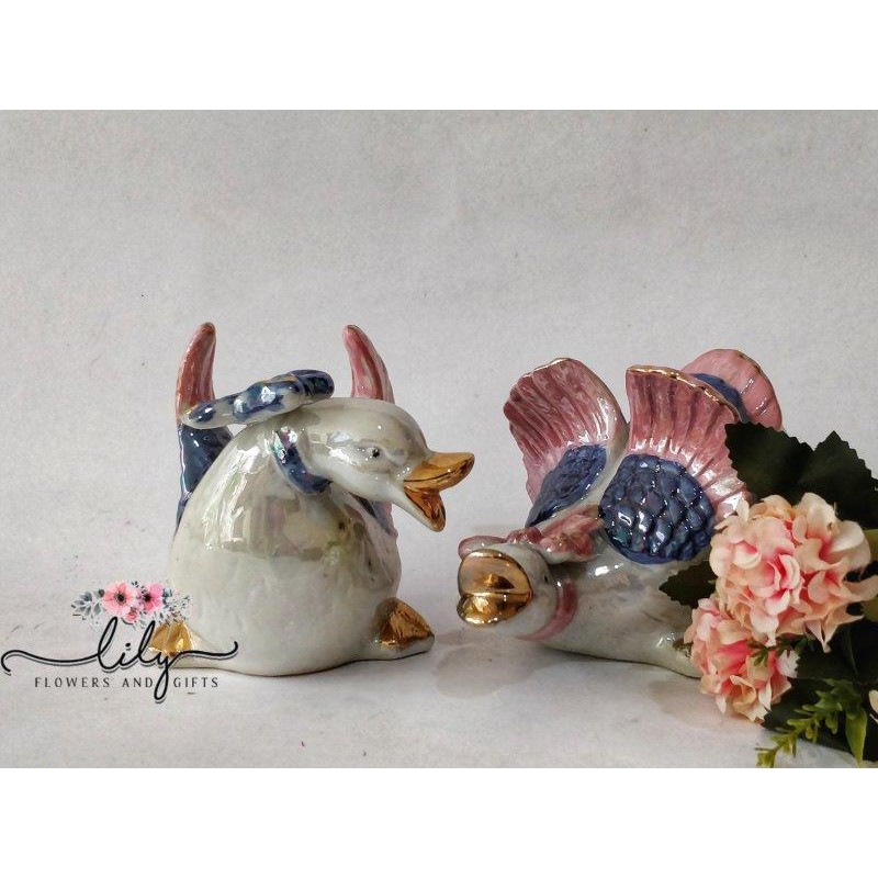 Pot / Vas / Guci Hias Bunga Keramik Tanaman Dekorasi Meja Rumah Kantor Bebek Pita 1 Set