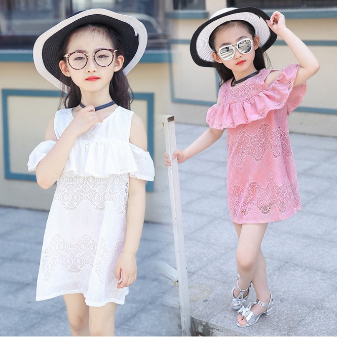 Dress Casual Anak Perempuan Impor Sabrina Brukat Gaun Anak Perempuan Simple Rok Anak Katun