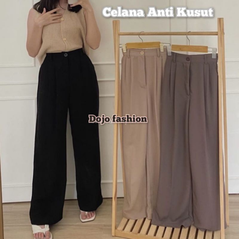 DOJO FASHION Loose Pants Trousers Wanita - Celana Kulot Anti Kusut Wanita - Celana Kantor Formal/Casual