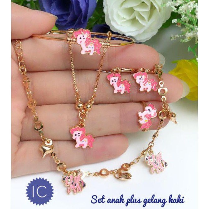 (FEB) Set Perhiasan ANAK Lapis Emas Xuping Gelang Tangan Kaki Kalung Cincin Anting Kuda Poni Gold