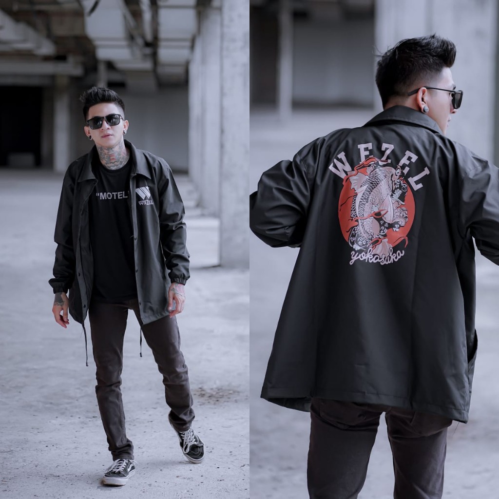 (COD) Jaket Coach Parasut Pria Original Wezel Lucky fish Hitam/Jaket Kemeja Parasut