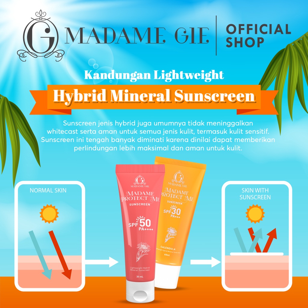 [GARANSI NO WHITECAST] [BPOM] MADAME GIE Protect Me SPF30 PA+++ | SPF50 PA++++ w Aloe Vera 60mL | Protect Me Let's Glow Tinted SPF 50 PA ++++ 10ml | Sunscreen sunblock tabir surya sun block