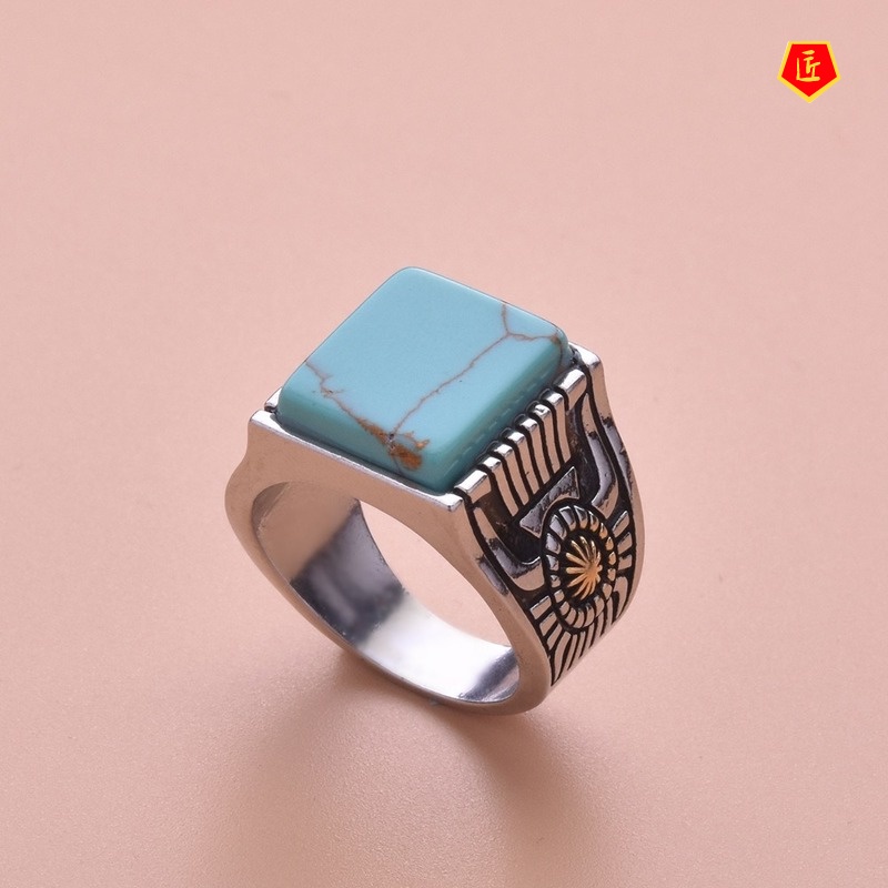 [Ready Stock]Inlaid Square Turquoise Sunflower Ring 18K Gold Color Separation Fashion Personality