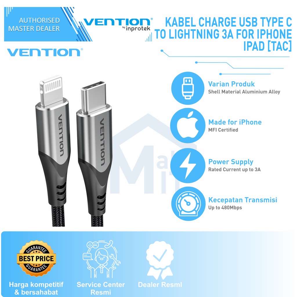 ( Bisa Cod ) Vention Kabel Data Apple Iphone Usb C to Lightning MFI Certified TAC