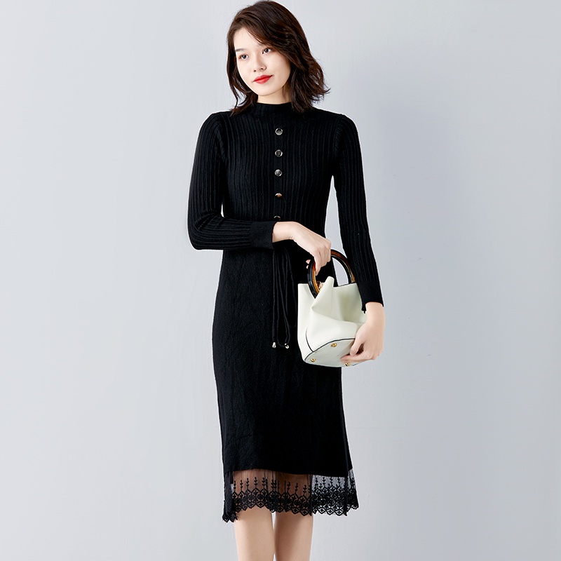 【Elegant】Solid Color Sweater Crew Neck Knitted  Dress 7022