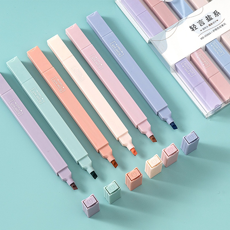 6pcs / Set Spidol Highlighter Ujung Ganda Warna Permen Untuk Jurnal / Album Foto Diy