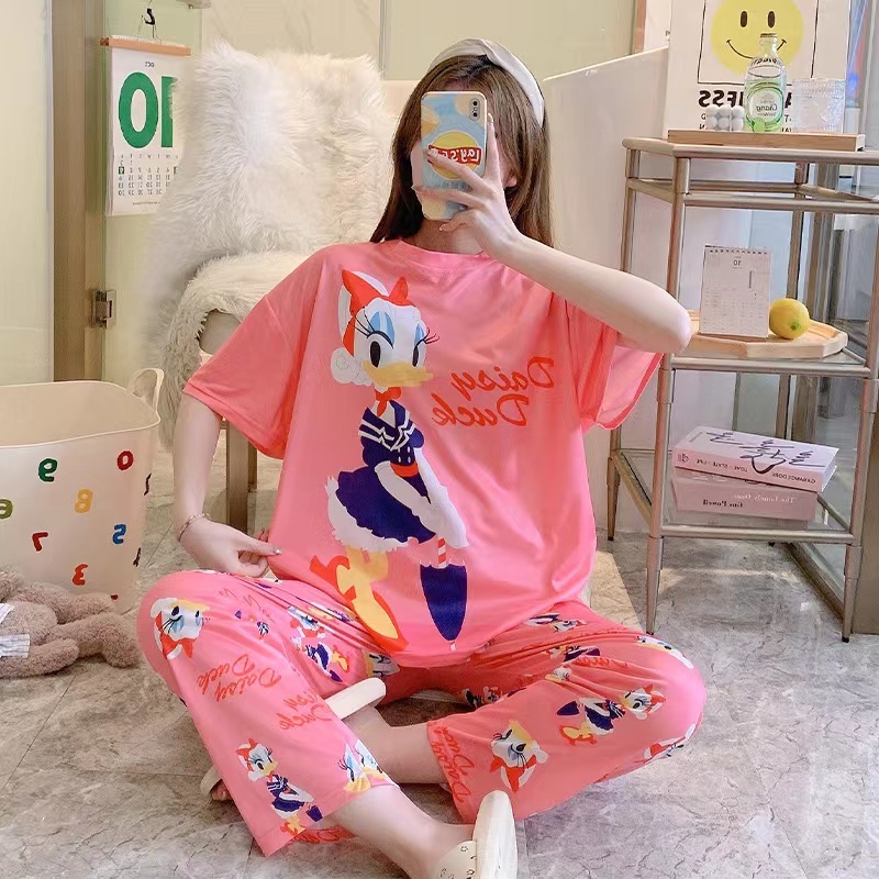 Piyama Oversize Bahan Kaos Lengan Pendek Baju Tidur Wanita pakaian tidur wanita kaos set baju tidur wanita piyama-Pink Daisy