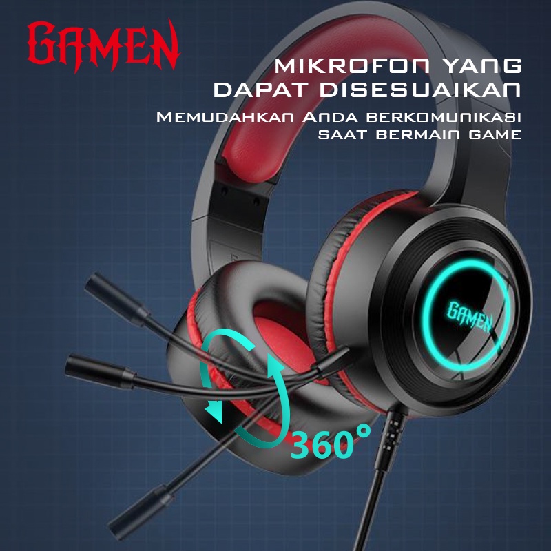 GAMEN Gaming Professional Headset / Earphone / Headphone Gaming GH100 Black 3D Sound With Mic For PC / Handphone / Laptop Original - Garansi 1 Tahun