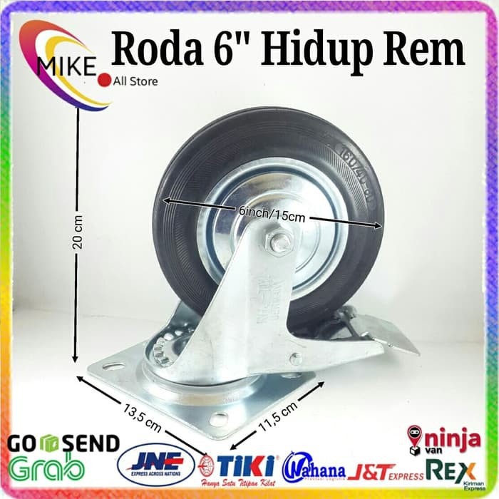 Roda Troli 6" Hidup Rem Roda Karet 8inchi Roda Troli Roda 6 inch