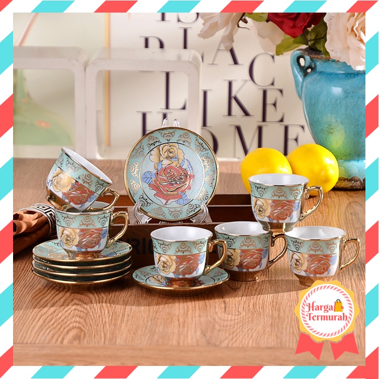 Harga Termurah - H892 (12 PCS) Cangkir & Piring Keramik European Style / Set Gelas Piring Kaca