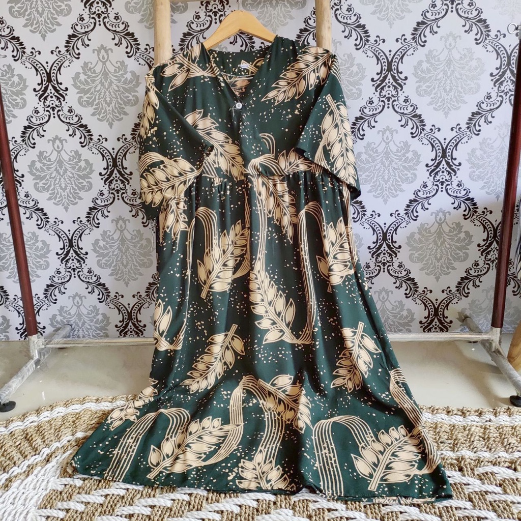 Daster Kimono rayon, Daster Kimono Polos , Daster Kimono Ruffle , Daster Kimono panjang , Homewear , Home Dress , Baju Wanita , Dress Wanita-BLARAK IJO BOTOL