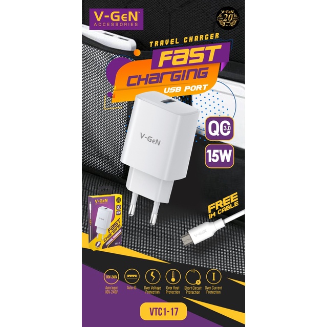 Adaptor Charger V-GeN VTC1-17 Fast Charging QC 3.0 15W Travel Charger include Kabel MicroUsb